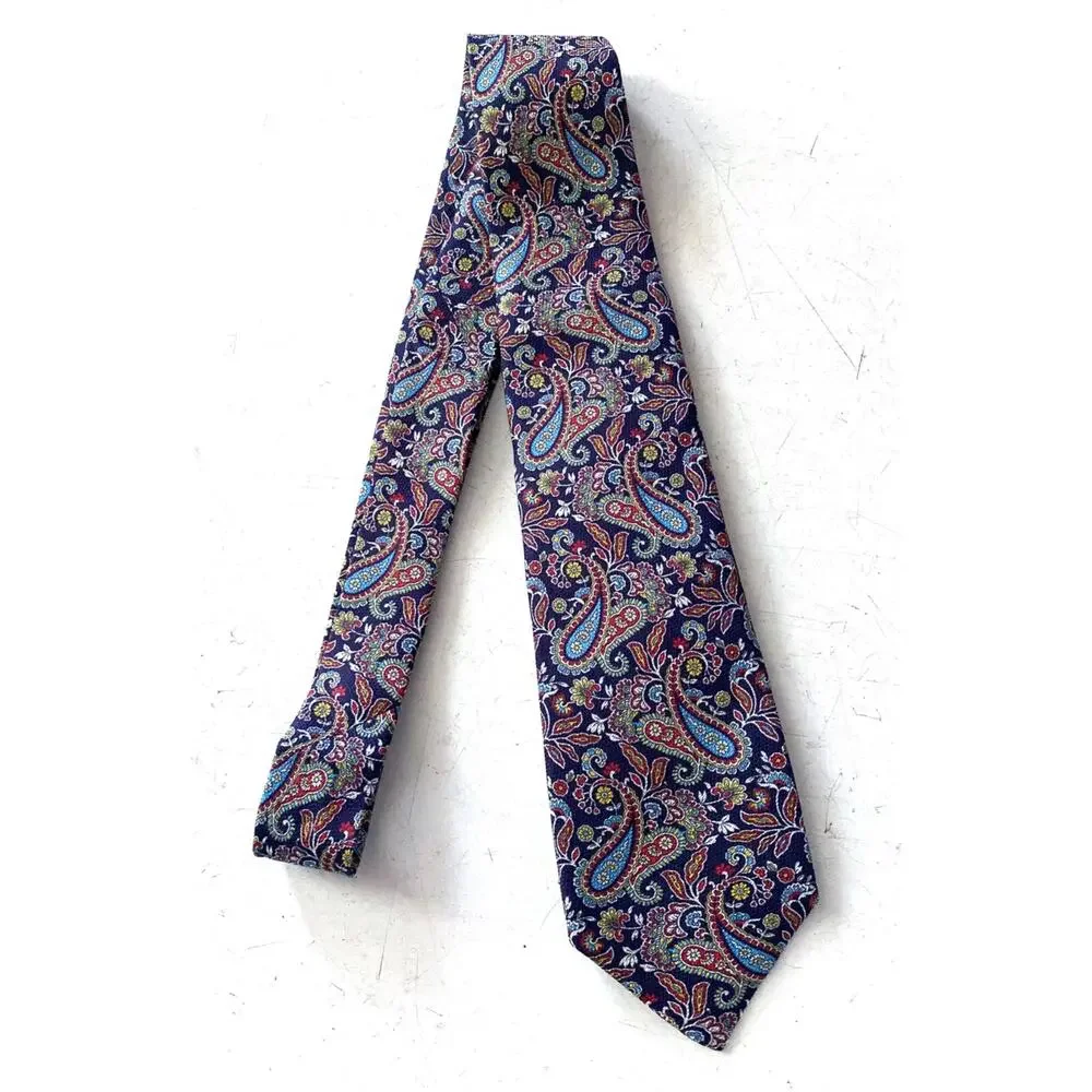 Daniel Cremieux Blue Paisley Linen Silk Seven 7 Fold Hand Made Italy Neck Tie